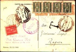 87332) OCCUP. AMERICANA SICILIA-cartolina Con 4x25c+20c.segnatasse+3x25c.amlire Da Palermo A Ragusa-il 25/1/1945 Tassata - Anglo-american Occ.: Sicily