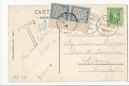 Carte Postale De Suisse Pour Fécamp - 1908 - Taxée Par Paire 5 Cts Bleu Bord De Feuille - 1859-1959 Lettres & Documents