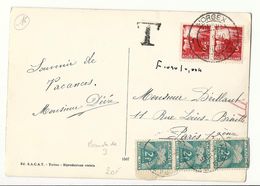 Carte Postale D'Italie Pour Paris, Taxée à 6 Frs Par Bande De 3 - 1859-1959 Lettres & Documents