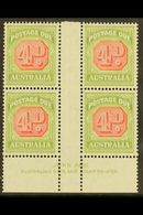 POSTAGE DUE 1938 4d Carmine And Green, SG D116, JOHN ASH Imprint Gutter Block Of Four, Very Fine Mint. Superb. (4 Stamps - Andere & Zonder Classificatie