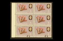 1970 4c On 5c Coral, Left Marginal Block Of Six, With The Upper Block Of Four Without Surcharge, SG 398a, Never Hinged M - Barbados (...-1966)