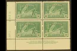 1946 50c Lumbering, SG 405, Uni 272, Very Fine Mint Corner Plate Block (No 1), Top Pair Hinged.  For More Images, Please - Other & Unclassified