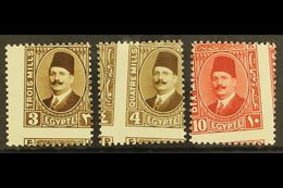 1927-37 OBLIQUE PERFORATIONS King Fouad 3m Pale Brown, 4m Pale Brown And 10m Pale Rose Red (type II), Mint Never Hinged. - Andere & Zonder Classificatie