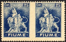 1919 25c Blue With HORIZ IMPERF PAIR IMPERF BETWEEN Variety, Type A, Toned Paper, Sassone A38f, Fine Mint, Centred To To - Fiume