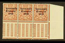 1922-23 VARIETY 1½d Brown (SG 54) Pane Marginal Corner Block Of 3, Incorporates "S Over E" Variety, Row 10, Column 10, H - Other & Unclassified