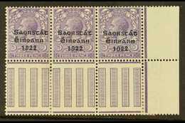 1922-23 VARIETY 3d Bluish Lilac (SG 57) Pane Marginal Corner Strip Of 3, Incorporates "S Over E" Variety, Row 10, Column - Other & Unclassified