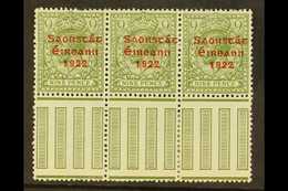 1922-23 VARIETY 9d Olive Green, SG 61, Strip Of 3, incorporates "S Over E" Variety, Row 10, Column 10 - Setting 2, Hiber - Other & Unclassified
