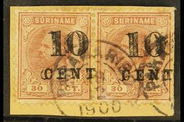 SURINAM 1898 10c On 30cent Lilac Brown, Horizontal Pair, Variety "double Overprint", NVPH 33fa, Fine Used On Piece. For  - Andere & Zonder Classificatie