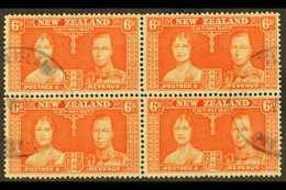 1937 6d Red-orange Coronation Of New Zealand, A Fine Used Block Of Four Showing Two Part "PITCAIRN ISLAND" Cds Cancels O - Pitcairneilanden