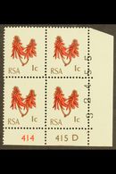 RSA VARIETY 1969 1c Rose-red & Olive-brown, Cylinder 414 415 D With Sheet Number Partially Printed On Stamps, SG 277, Ne - Non Classés