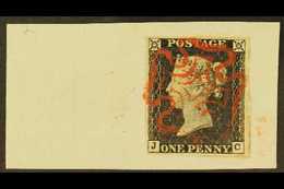 1840 1d Black 'JC' Plate 2, SG 2, Used With Full Margins Just Touching At One Corner, Tied To Piece By Lovely Red MC Can - Non Classés