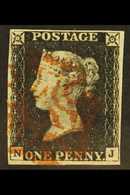 1840 1d Intense Black 'NJ' Plate 1b, SG 1, Used With 4 Margins & Red MC Cancellation. For More Images, Please Visit Http - Non Classés