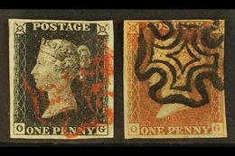 1840/1841 MATCHED PAIR. 1840 1d Black 'OG' Plate 2, And 1841 1d Red-brown 'OG' Plate 2, Each Used With 4 Margins (2 Stam - Unclassified