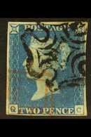 1840 2d Pale Blue 'QC' Plate 2 (SG 6) Used With 4 Margins, Cancelled By BLACK & Part RED Double Lined "Too / Late" Hands - Altri & Non Classificati
