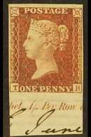 1856 1d Red- Brown 'TB' Plate 48 IMPERF IMPRIMATUR impression On Large Crown Watermark Paper With Portion Of Sheet Margi - Other & Unclassified