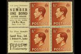 BOOKLET PANES WITH ADVERTISING LABELS 1½d Red Brown Booklet Panes Of 4 With 2 Advertising Labels (Number One Bond), SG S - Zonder Classificatie