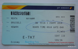 Jet Airways Boarding Pass: Brussels To Newark Travel Date: 29-04-2013 - Bordkarten