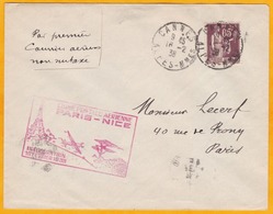 France - 1938 - Envel. Par Avion Cannes - Paris Via Nice  - Affrt  65 F Paix - 1er Vol Non Surtaxé - Cad Arrivée - 1927-1959 Covers & Documents