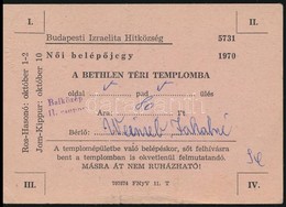 1970 N?i Belép?jegy A Bethlen Téri Zsinagógába - Sonstige & Ohne Zuordnung