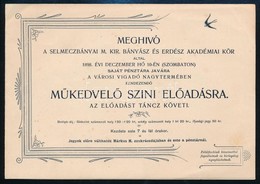 1898 Meghívó A Selmecbányai M. Kir. Bányász és Erdész Akadémiai Kör El?adására. 17x12 Cm - Unclassified