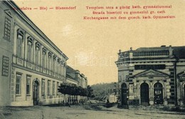 T2/T3 Balázsfalva, Blaj, Blasendorf; Templom Utca, Görög Katolikus Gimnázium. W. L. 1564. / Street, School, Consum (EK) - Ohne Zuordnung