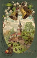 T2/T3 Húsvéti üdvözlet! / Easter Greeting Card With Chicken, Bells, Church. Emb. Golden Decorated Litho (EK) - Non Classés