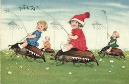 ** T2 Pünkösdi Üdvözlet / Pentecost, Kids Riding On May Bugs. Meissner & Buch, Kunstkarte No. 3060. Litho - Non Classés