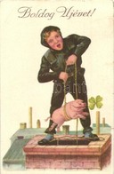 T2/T3 Boldog Újévet! / New Year Greeting Art Postcard With Chimney Sweeper And Pig. Exceslior S.B. 6281.  (EK) - Non Classés