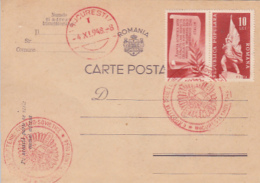 ROMANIAN-SOVIET FRIENDSHIP SPECIAL POSTMARKS AND STAMPS ON POSTCARD, 1948, ROMANIA - Covers & Documents