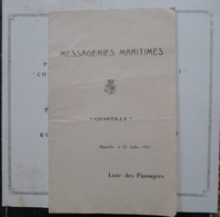 Messageries Maritimes  Liste Des Passagers Paquebot Chantilly 22 Juillet 1931 Ligne Indochine + 2 Programes Concert - Menú