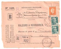 4518 PARIS 86 Valeurs à Recouvrer 1488 Dulac 5 F Orange 2 F Gandon Vert Yv 697 713 Ob 14 1 1946 - Storia Postale