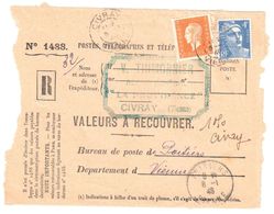 4519 CIVRAY Vienne Valeurs à Recouvrer 1488 Dulac 5 F Orange 4 F Gandon Bleu Yv 697 717 Ob 1946 Recommandé Provisoire - Brieven En Documenten