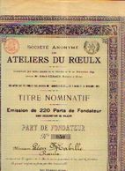 « Ateliers Du ROEULX SA » - Titre Nominatif – Part De Fondateur - Industry
