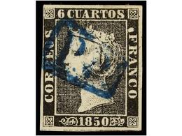 50 ° ESPAÑA. Ed.1. <B>6 Cuartos</B> Negro, Pl. I, Mat.<B>P.P.</B> De BARCELONA En Azul. Cert. EXFIMA. - Otros & Sin Clasificación