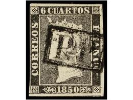 51 ° ESPAÑA. Ed.1. <B>6 Cuartos</B> Negro, Pl. I, Mat. <B>P.P.</B> De BARCELONA<B> </B>en Negro. MAGNÍFICO Y RARO. Cert. - Autres & Non Classés