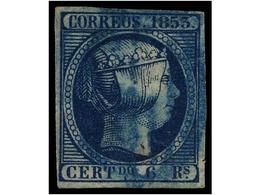 101 ° ESPAÑA. Ed.21. <B>6 Reales</B> Azul, Mat.<B> PARRILLA AZUL</B>. Leve Adelgazamiento. Raro Matasellos, Sello De Bue - Other & Unclassified