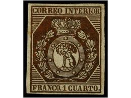 102 * ESPAÑA. Ed.22. <B>1 Cuarto</B> Bronce Dorado. Excelente Color Y Plena Goma Original. PIEZA DE LUJO. Cert. GRAUS. C - Andere & Zonder Classificatie