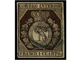 104 ° ESPAÑA. Ed.22. <B>1 Cuarto</B> Bronce, Fechador <B>MADRID/*</B> En Azul. MUY BONITO Y RARO. Cert. GRAUS. Cat. 1.97 - Autres & Non Classés