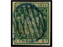 111 ° ESPAÑA. Ed.26. <B>5 Reales</B> Verde. Mat. <B>PARRILLA AZUL</B>. RARO Y De LUJO. Cert. GRAUS. Cat. 415?. - Autres & Non Classés