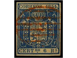 114 ° ESPAÑA. Ed.27. <B>6 Reales</B> Azul. Mat. <B>PARRILLA ROJA</B>. MUY RARO Y De LUJO. Cert. COMEX. Cat. 1.175?. - Sonstige & Ohne Zuordnung