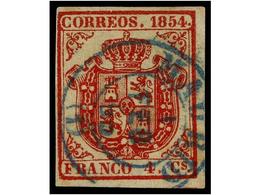 121 ° ESPAÑA. Ed.33. <B>4 Cuartos</B> Rojo, Mat. Fechador <B>MADRID/(1)</B> En Azul. MAGNÍFICO Y MUY RARO. - Altri & Non Classificati