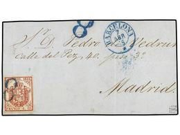 124 ESPAÑA. Ed.33A. 1855 (7 Abril). <B>FRONTAL.</B> BARCELONA A MADRID. <B>4 Cuartos</B> Rojo, Mat.<B> '8'</B> En Azul D - Otros & Sin Clasificación