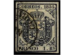 127 ° ESPAÑA. Ed.34. <B>1 Real</B> Azul, Mat. Fechador<B> SANTIAGO/CORUÑA.</B> Bonito Ejemplar. Cert. COMEX. Cat. 1.250? - Otros & Sin Clasificación