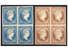 143 **/* ESPAÑA. Ed.49/50 (4). <B>1 Real</B> Y <B>2 Reales</B>. Bloques De Cuatro. LUJO. Cat. 765?. - Sonstige & Ohne Zuordnung