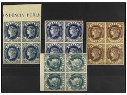 154 **/* ESPAÑA. Ed.57, 59, 61, 62 (4). <B>2 Cts., 12 Cts., 1 Real</B> Y <B>2 Reales</B>. Bloques De Cuatro. LUJO. Cat.  - Andere & Zonder Classificatie