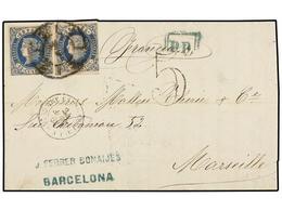 156 ESPAÑA. Ed.59F (2). 1863. BARCELONA A FRANCIA. <B>12 Cuartos</B> Azul, Dos Sellos <B>FALSOS POSTALES</B>. Muy Raro F - Andere & Zonder Classificatie