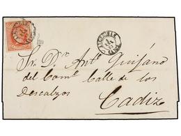 160 ESPAÑA. Ed.64. 1865 (2 Enero). ALGECIRAS A CÁDIZ. <B>4 Cuartos</B> Rojo Circulado Durante El Período De Canje Con La - Autres & Non Classés