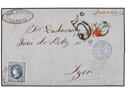 161 ESPAÑA. Ed.68. 1864. VALENCIA A FRANCIA. <B>2 Reales</B> Azul. Muy Raro Franqueo A Francia Con Sobrepago De <B>5 Cua - Autres & Non Classés