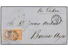 186 ESPAÑA. Ed.82, 86. 1866. CÁDIZ A BUENOS AIRES. <B>12 Cuartos</B> Naranja Y <B>20 Cts.</B> Lila. Circulada Vía Lisboa - Otros & Sin Clasificación