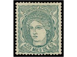 205 (*) ESPAÑA. Ed.110. <B>400 Mils.</B> Verde. Excelente Centraje. MAGNÍFICO EJEMPLAR. Cert. GRAUS. Cat. 460?. - Other & Unclassified